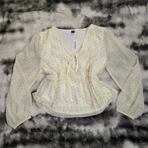 Old Navy Gold Dot Sheer Blouse Cream V Neck Tie Long Sleeve Women's Medium NWT